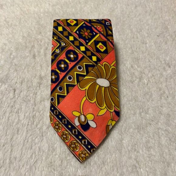 Hand Made by Mad Mary Orange Multicolored Floral Print Statement Neck Tie - Picture 2 of 5